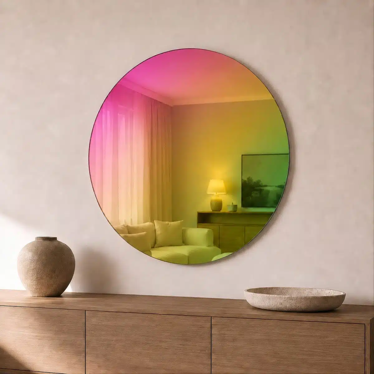 espejo redondo arcoiris pared salon comedor hd Espejo redondo arcoiris a medida